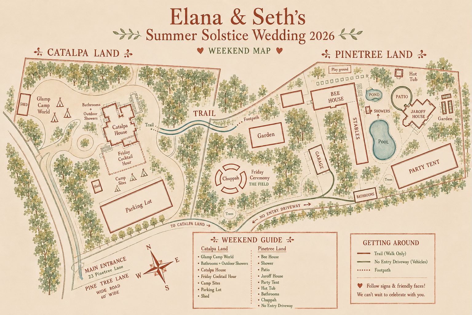 Festival map of Elana and Seth's summer solstice wedding weekend showing the Catalpa House, Jaroff House, ceremony field, party tent, parking, bathrooms, and paths.